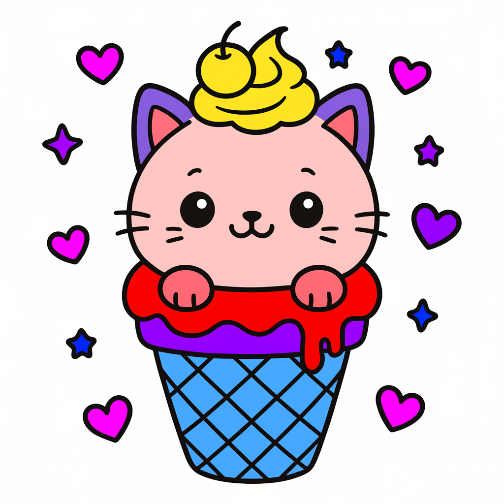 Adorable Cat Ice Cream Cone Coloring Page - Colored Preview