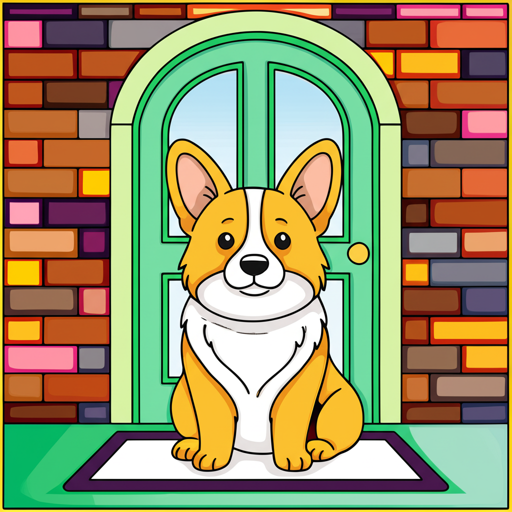 Adorable Corgi at the Door Coloring Page - Colored Preview