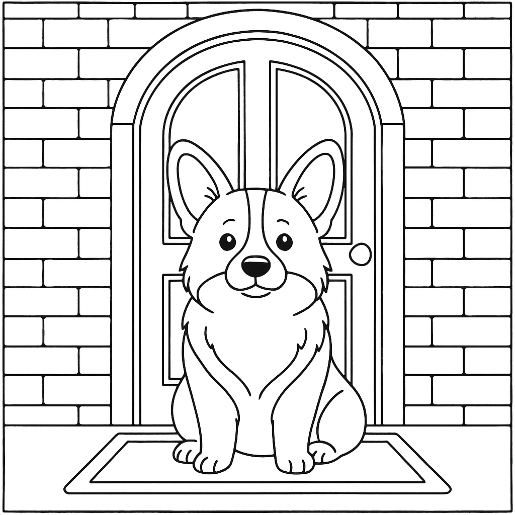 Adorable Corgi at the Door Coloring Page