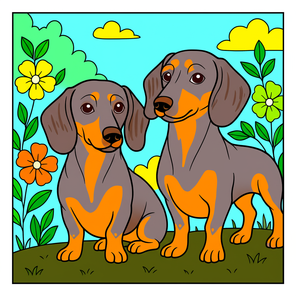 Adorable Dachshund Duo Coloring Page - Colored Preview