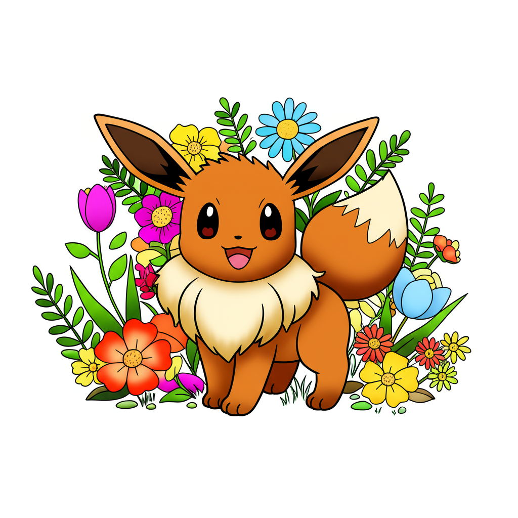 Adorable Eevee in Flowers Coloring Page - Colored Preview