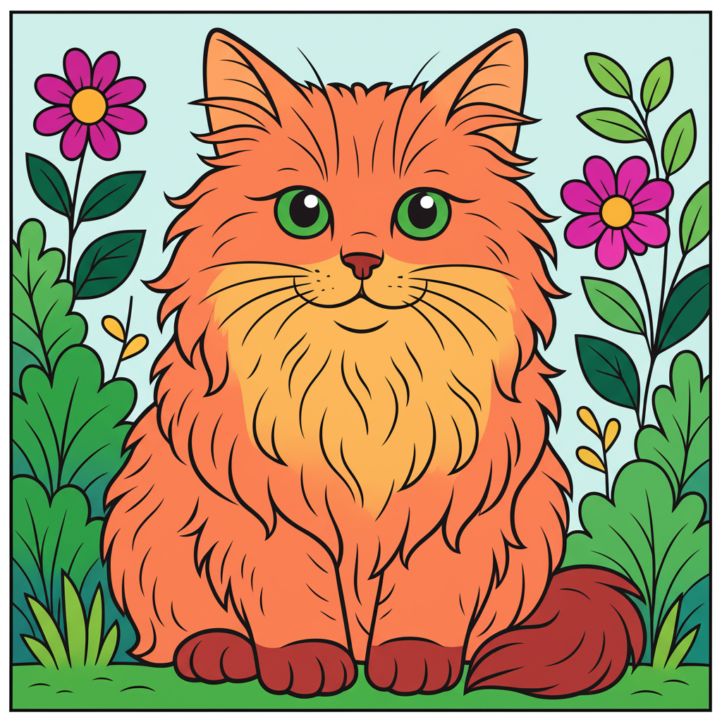 Adorable Fluffy Cat in Flower Garden Coloring Page - Colored Preview