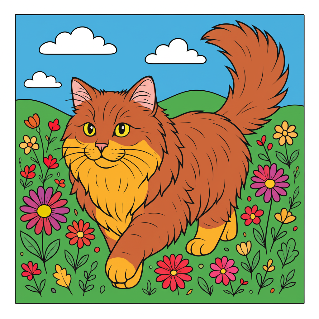 Adorable Fluffy Cat in Flower Meadow Coloring Page - Colored Preview