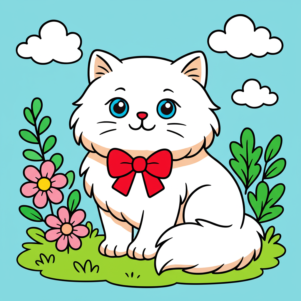 Adorable Fluffy Cat in Garden Coloring Page - Colored Preview