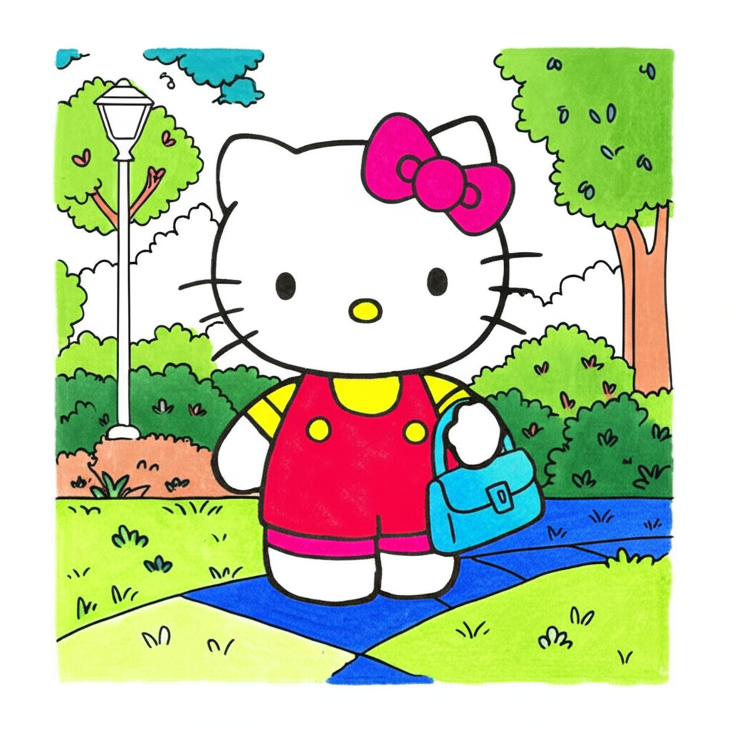 Adorable Hello Kitty Park Adventure Coloring Page - Colored Preview