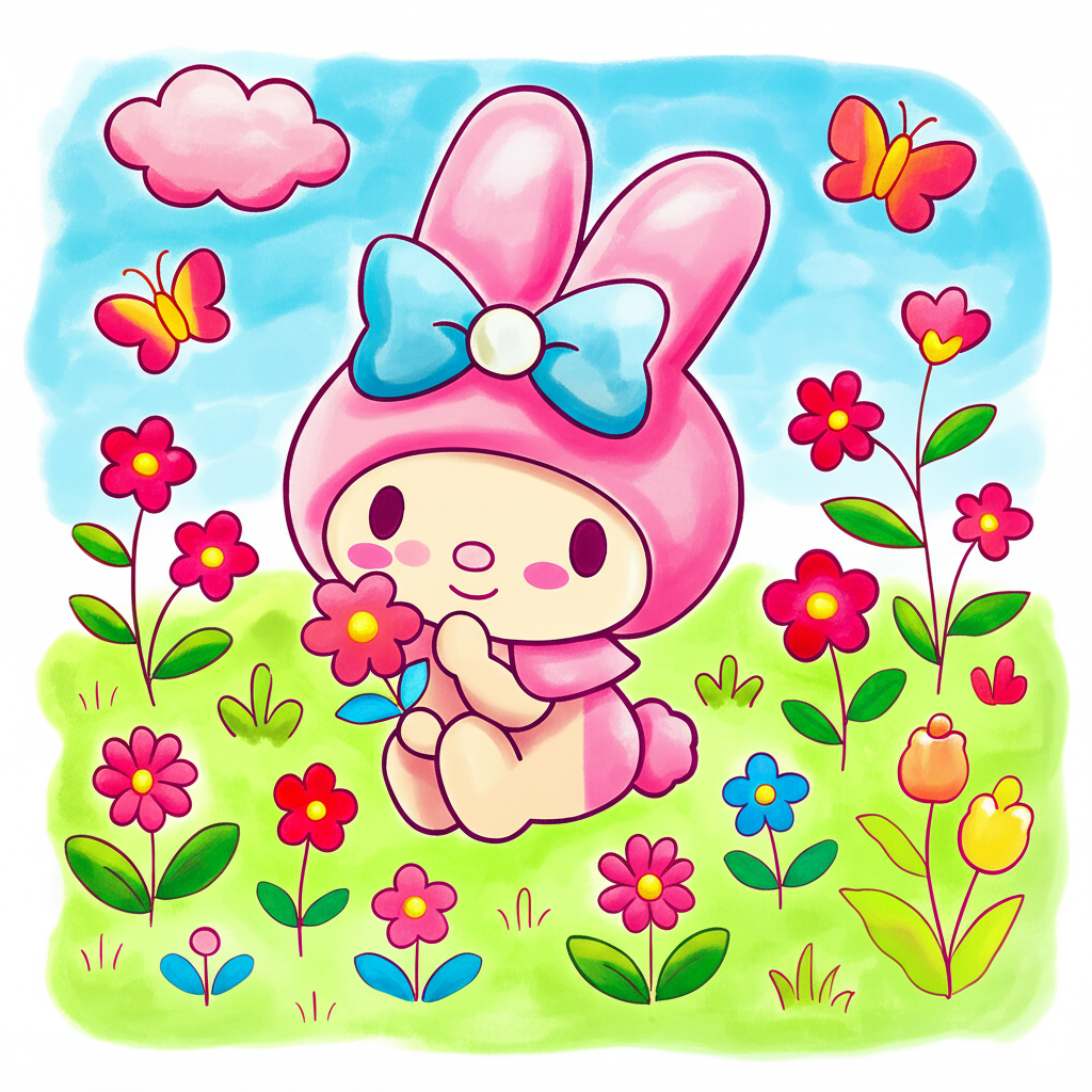Adorable My Melody in Flower Garden Coloring Page - Colored Preview