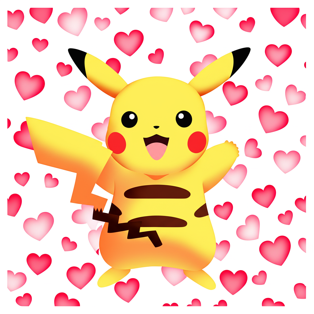 Adorable Pikachu with Hearts Coloring Page - Colored Preview