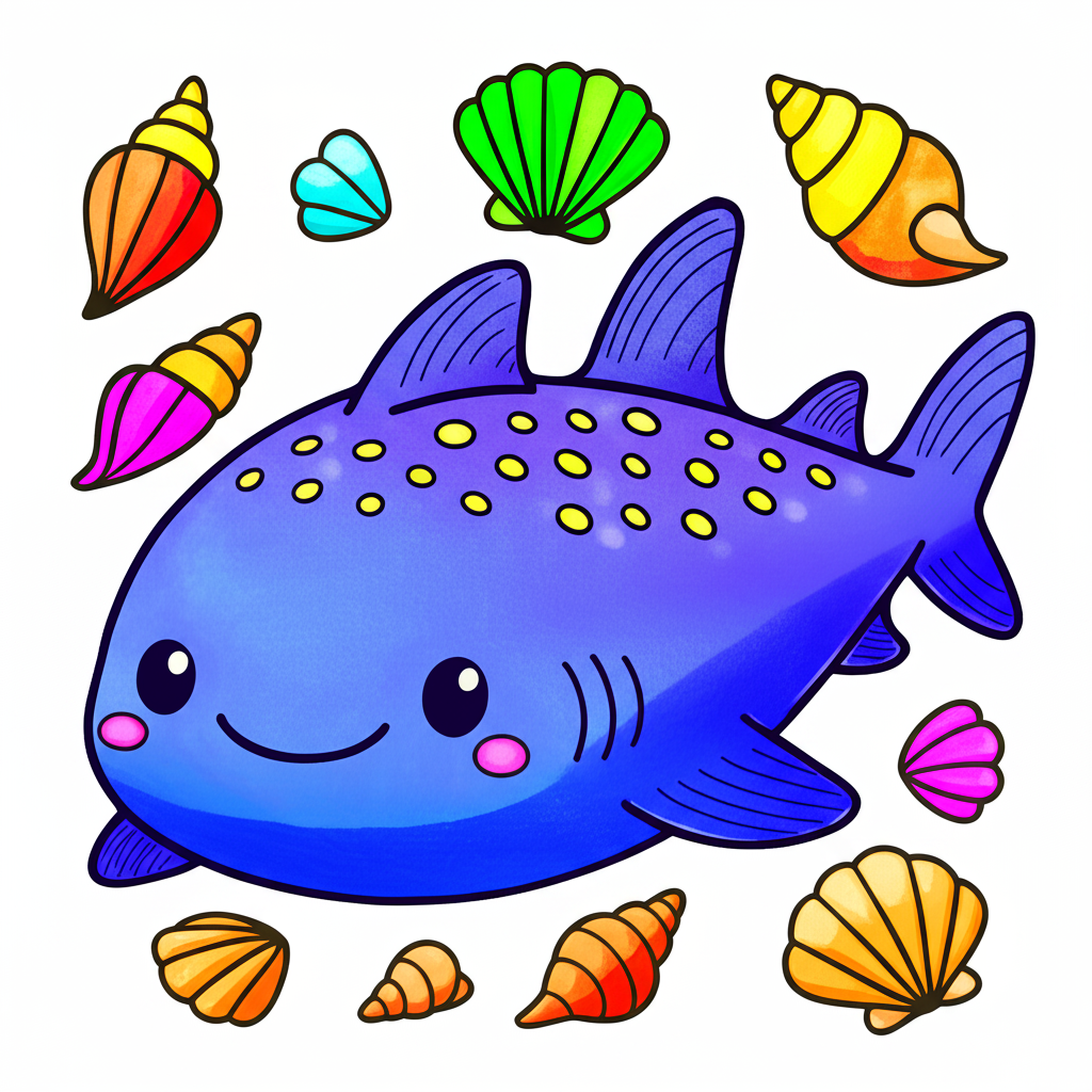 Adorable Shark and Seashells Coloring Page - Colored Preview