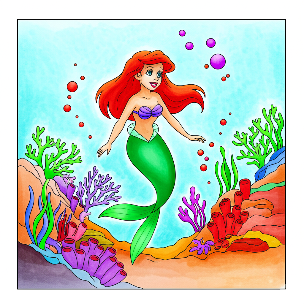 Enchanting Ariel the Little Mermaid Coloring Page - Colored Preview