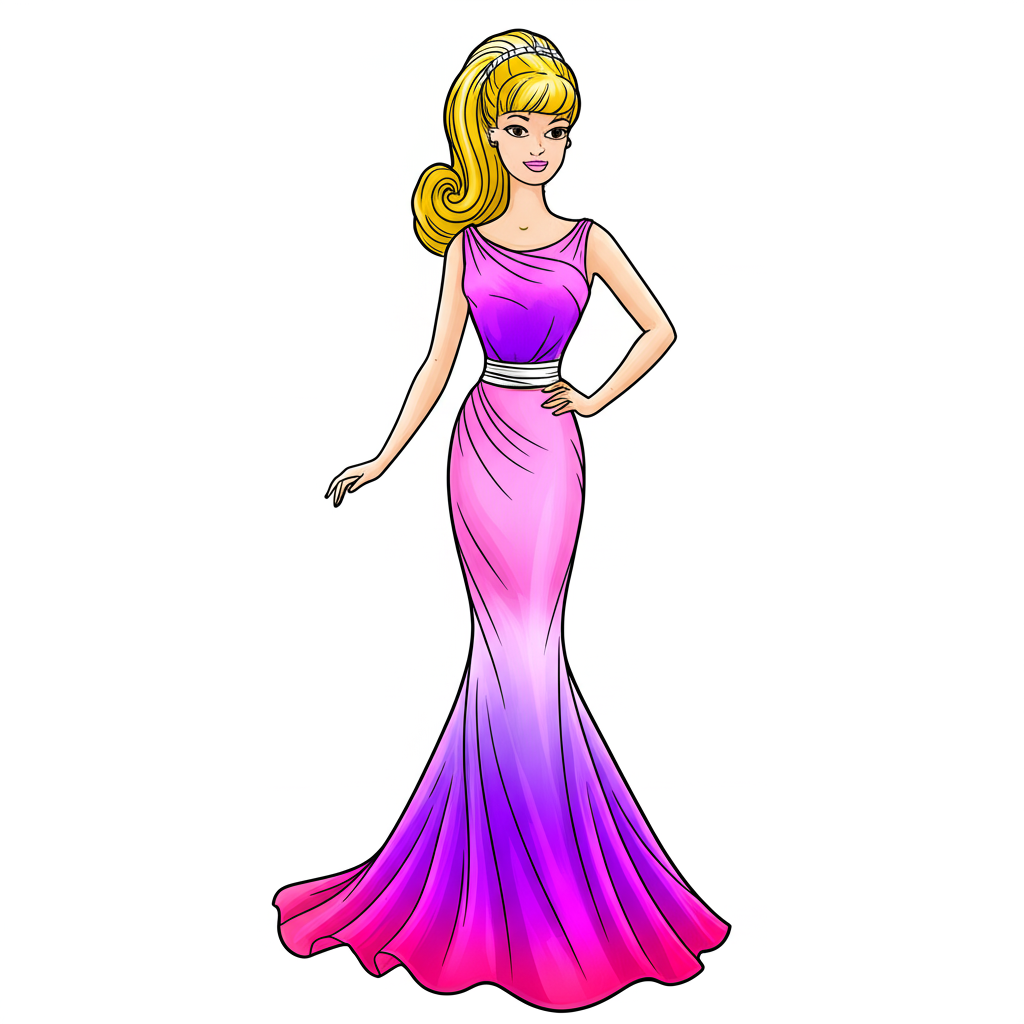 Elegant Barbie Evening Gown Coloring Page - Colored Preview