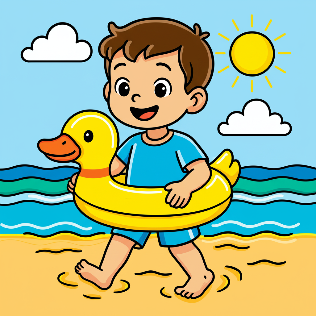 Beach Day Boy with Duck Floatie Coloring Page - Colored Preview