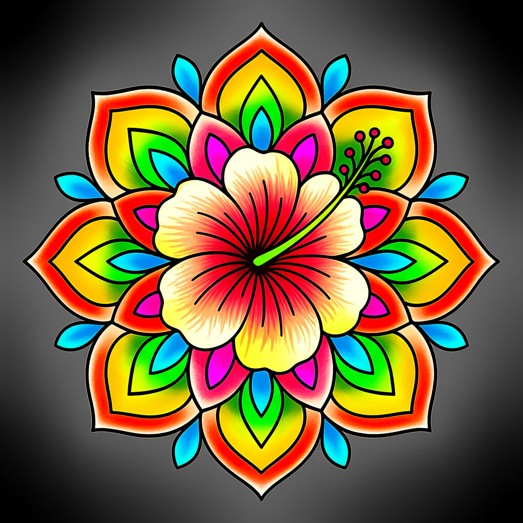 Beautiful Hibiscus Flower Mandala Coloring Page - Colored Preview
