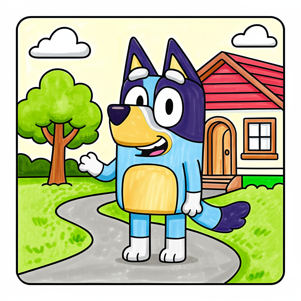 Bluey Waving Hello Coloring Page - Colored Preview