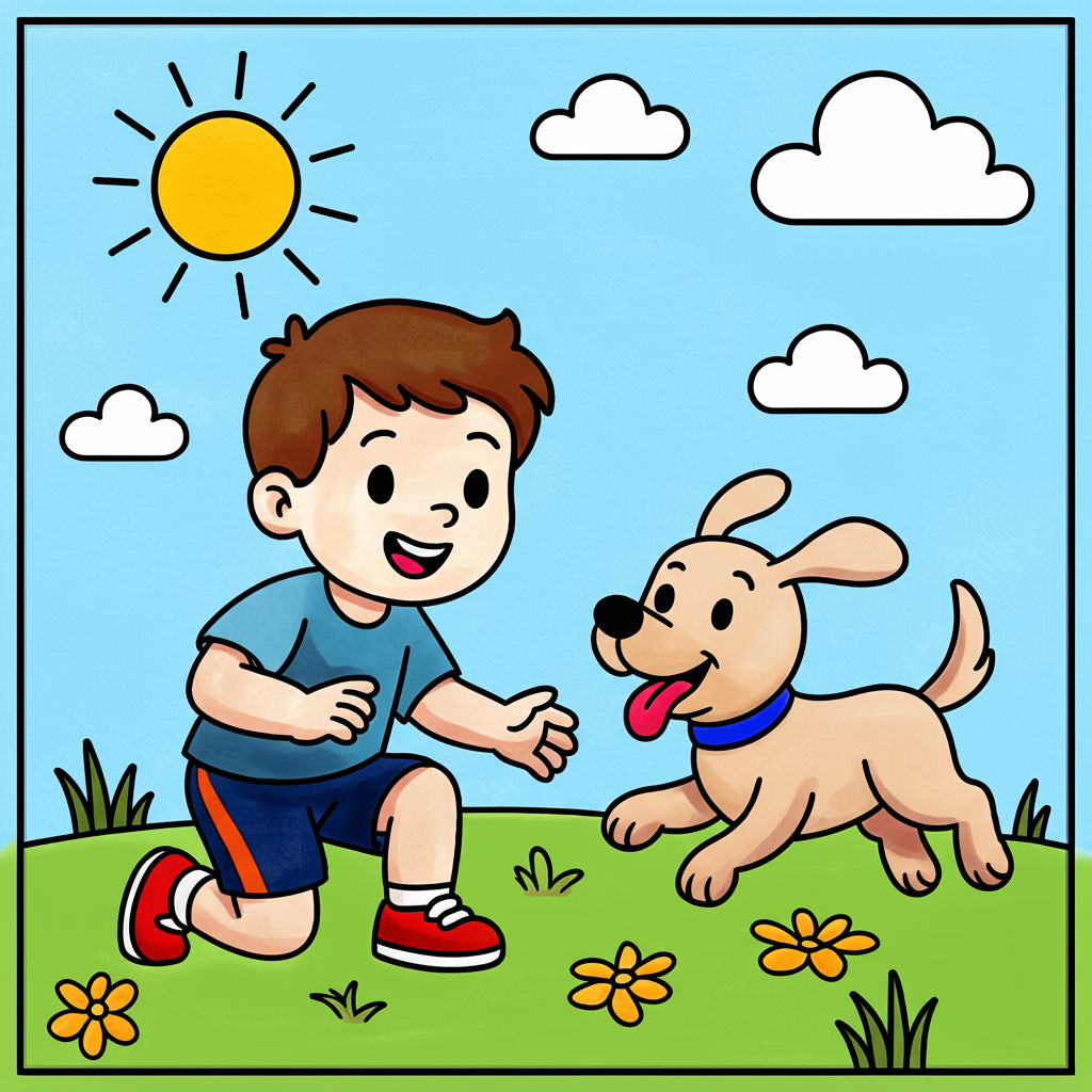 Boy Playing with Puppy Coloring Page - Colored Preview