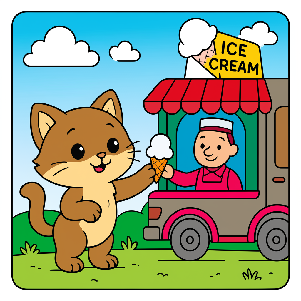 Cat's Ice Cream Day Coloring Page - Colored Preview
