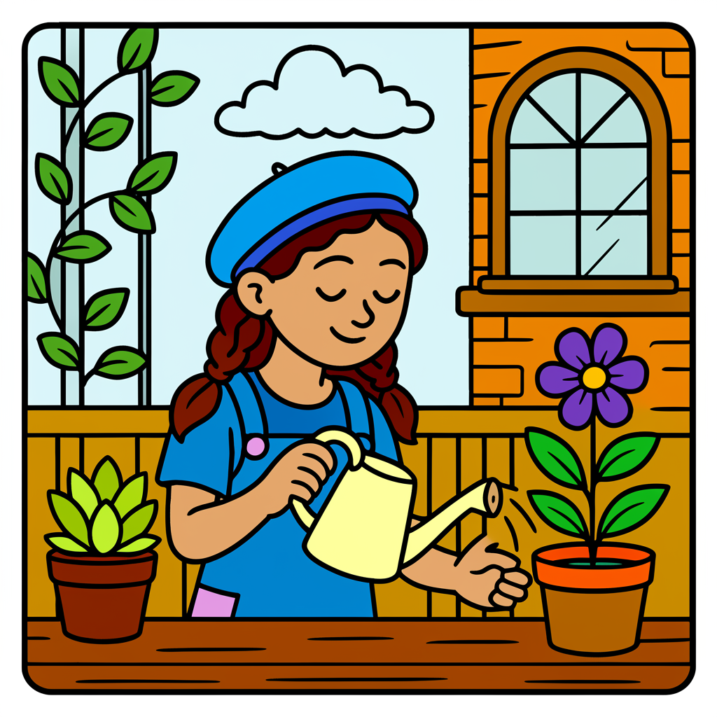 Charming Balcony Gardener Coloring Page - Colored Preview