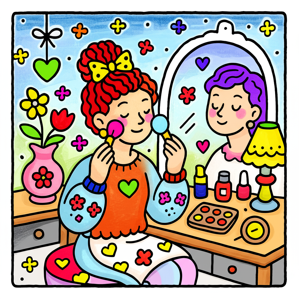 Charming Girl at Her Vanity Coloring Page - Colored Preview