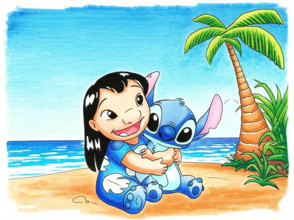 Charming Lilo and Stitch Hug Coloring Page - Colored Preview
