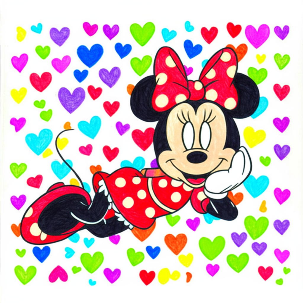 Charming Minnie Mouse with Hearts Coloring Page - Colored Preview