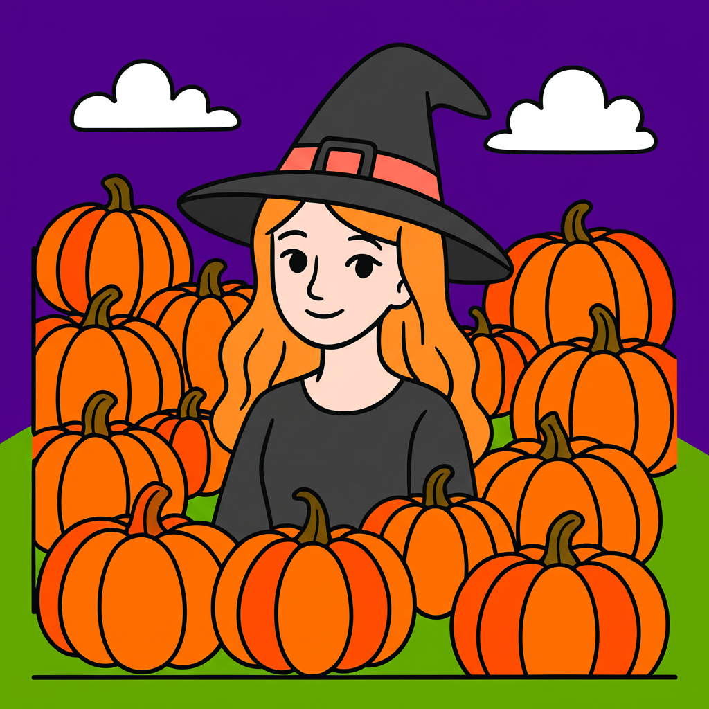 Charming Witch in Pumpkin Patch Coloring Page - Colored Preview