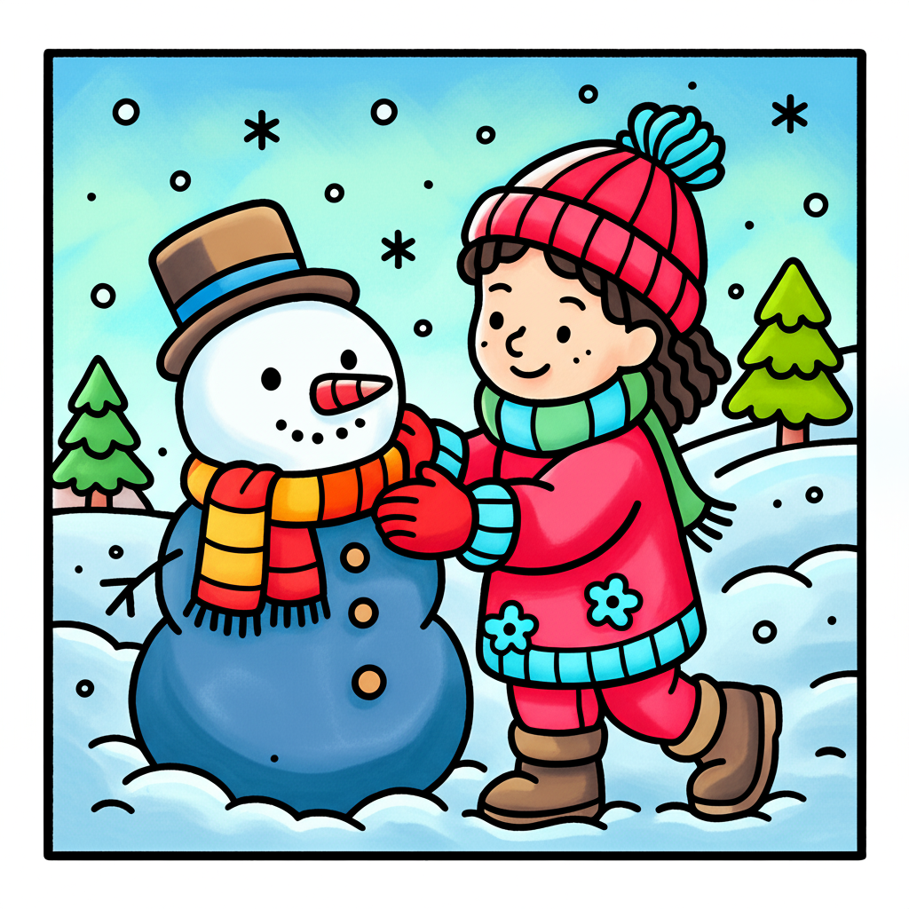 Joyful Child Building Snowman Coloring Page - Colored Preview