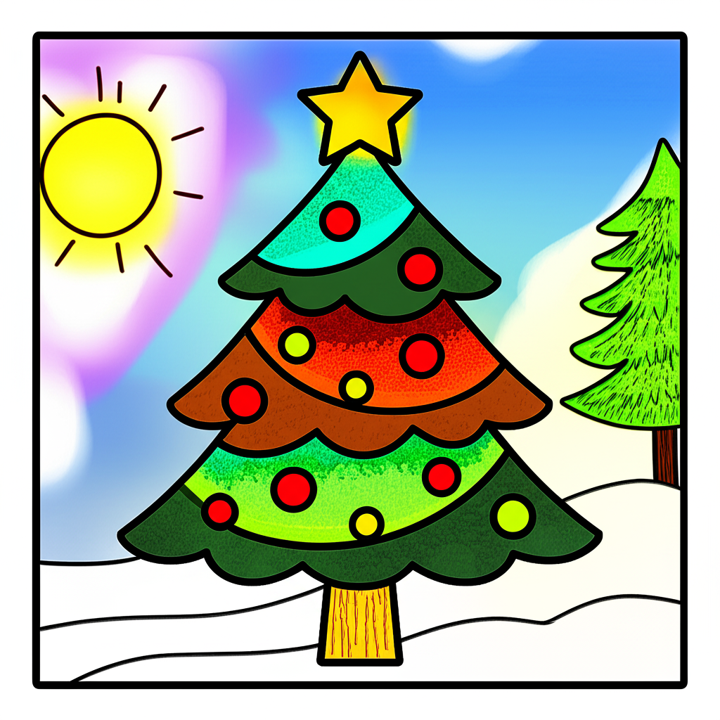 Festive Christmas Tree Coloring Page - Colored Preview