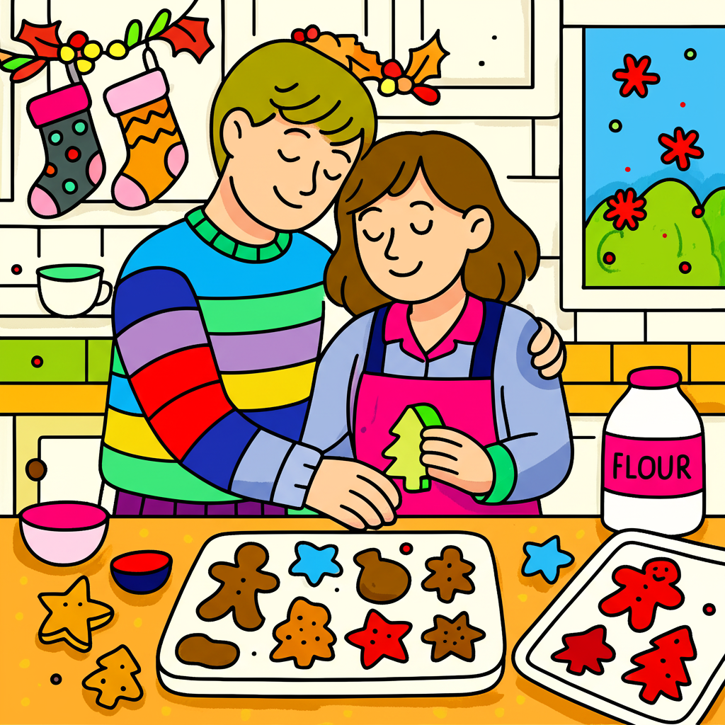 Couple Baking Christmas Cookies Coloring Page - Colored Preview