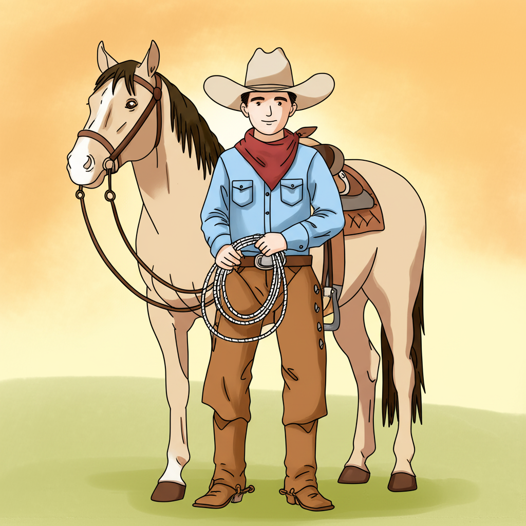 Classic Cowboy and Horse Coloring Page - Colored Preview