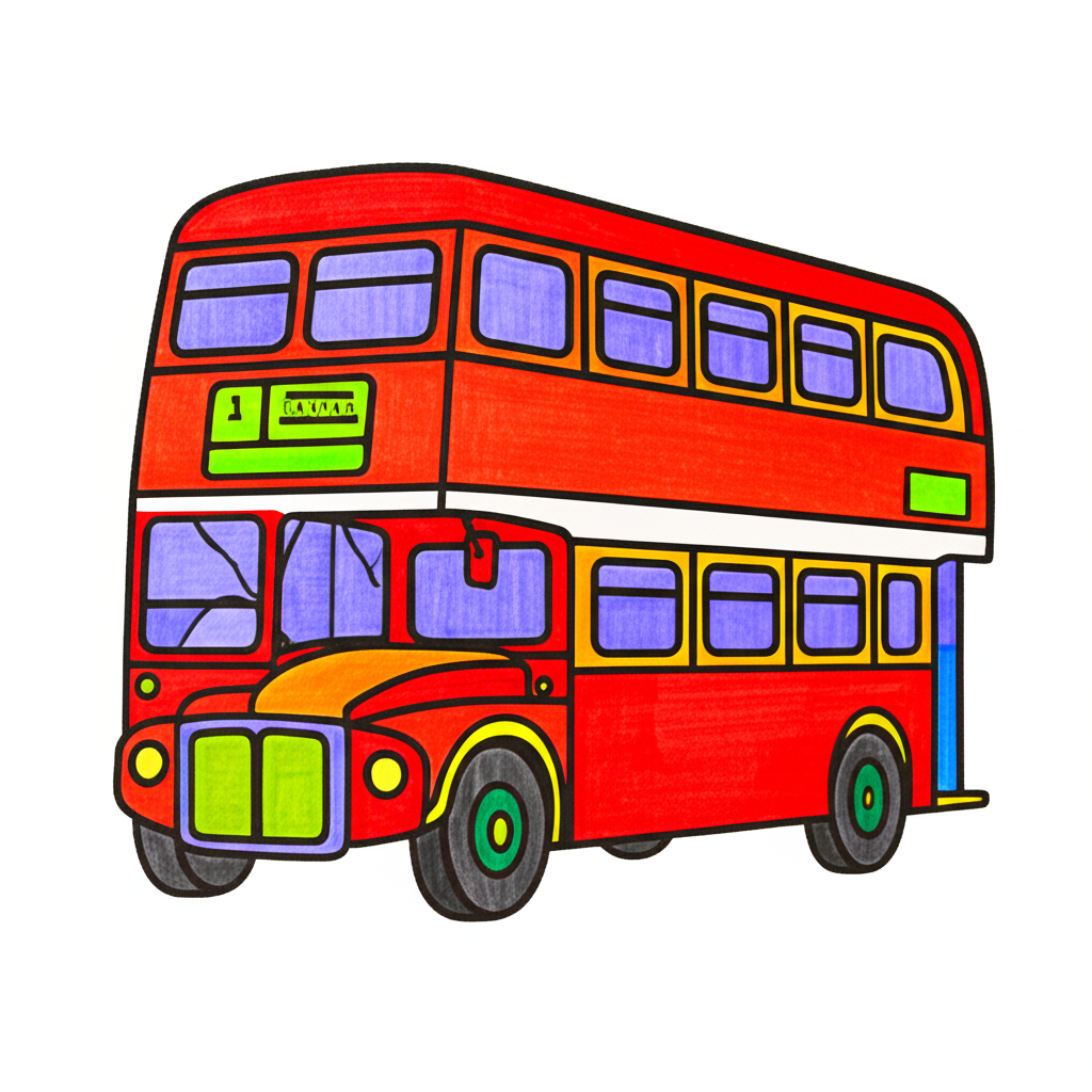 Classic Double-Decker Bus Coloring Page - Colored Preview