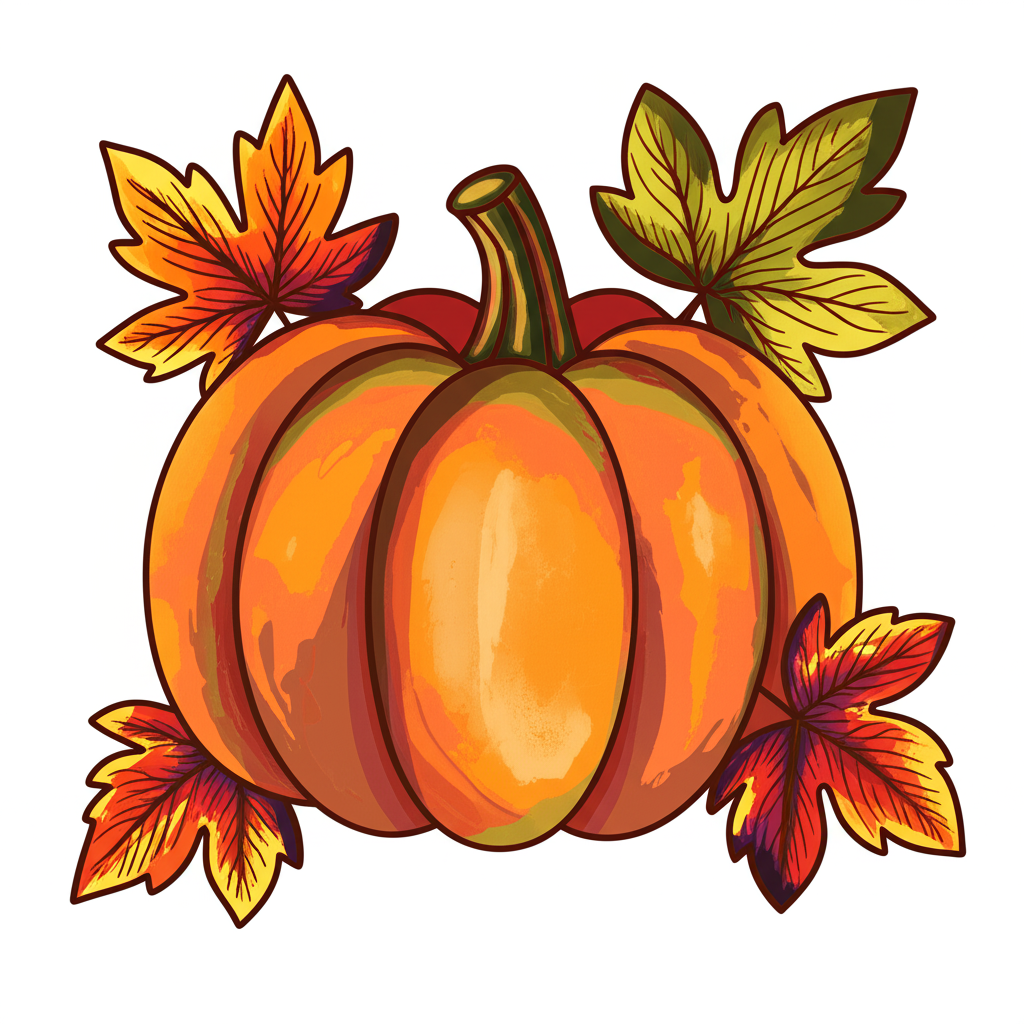 Classic Pumpkin with Leaves Coloring Page - Colored Preview