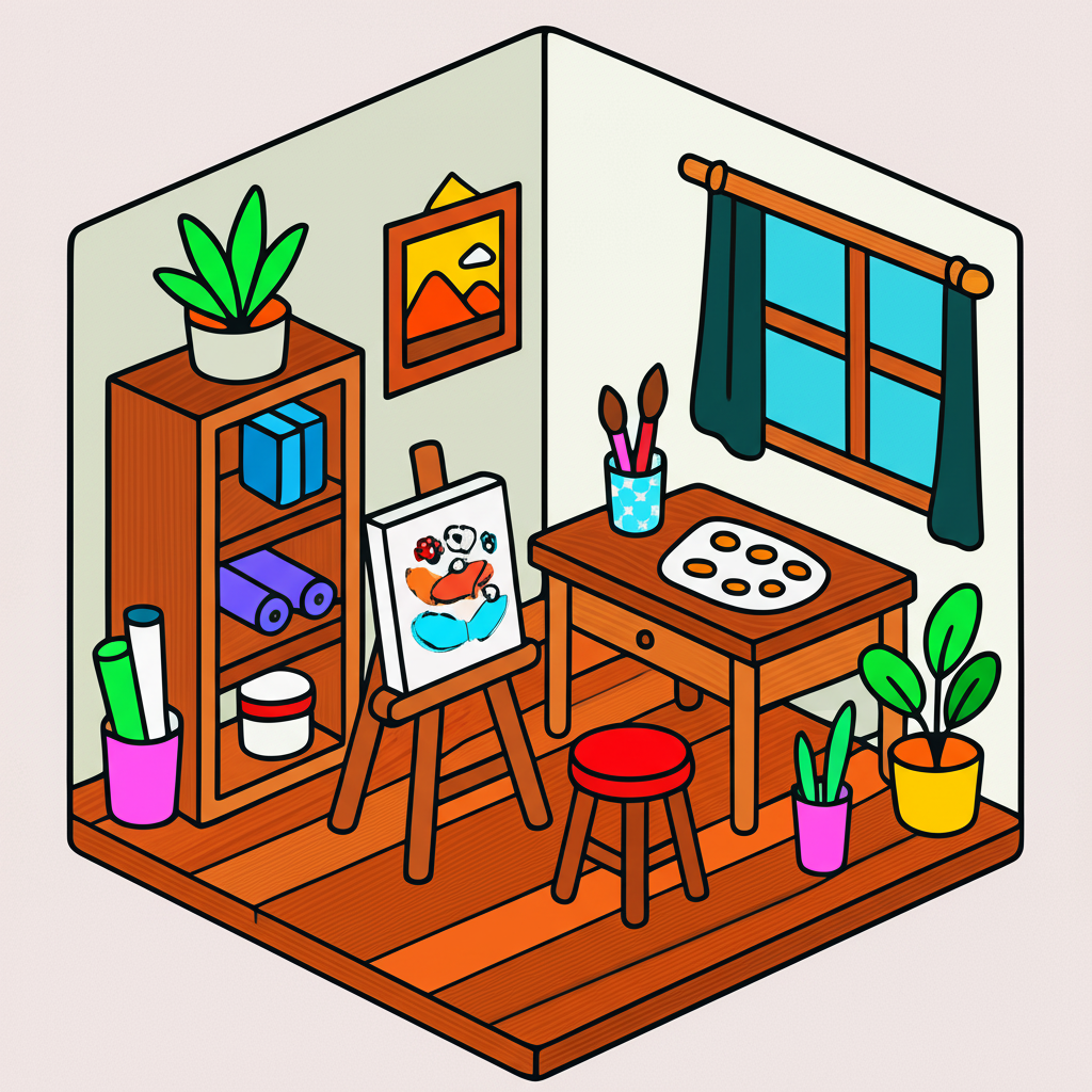 Cozy Artist's Studio Isometric Coloring Page - Colored Preview