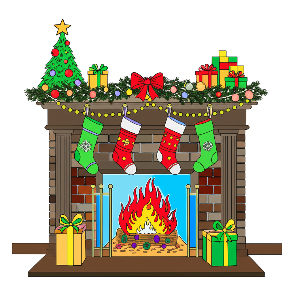 Cozy Christmas Fireplace Coloring Page - Colored Preview
