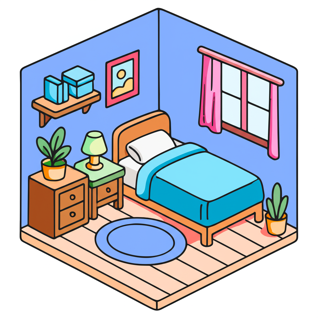 Cozy Isometric Bedroom Escape Coloring Page - Colored Preview