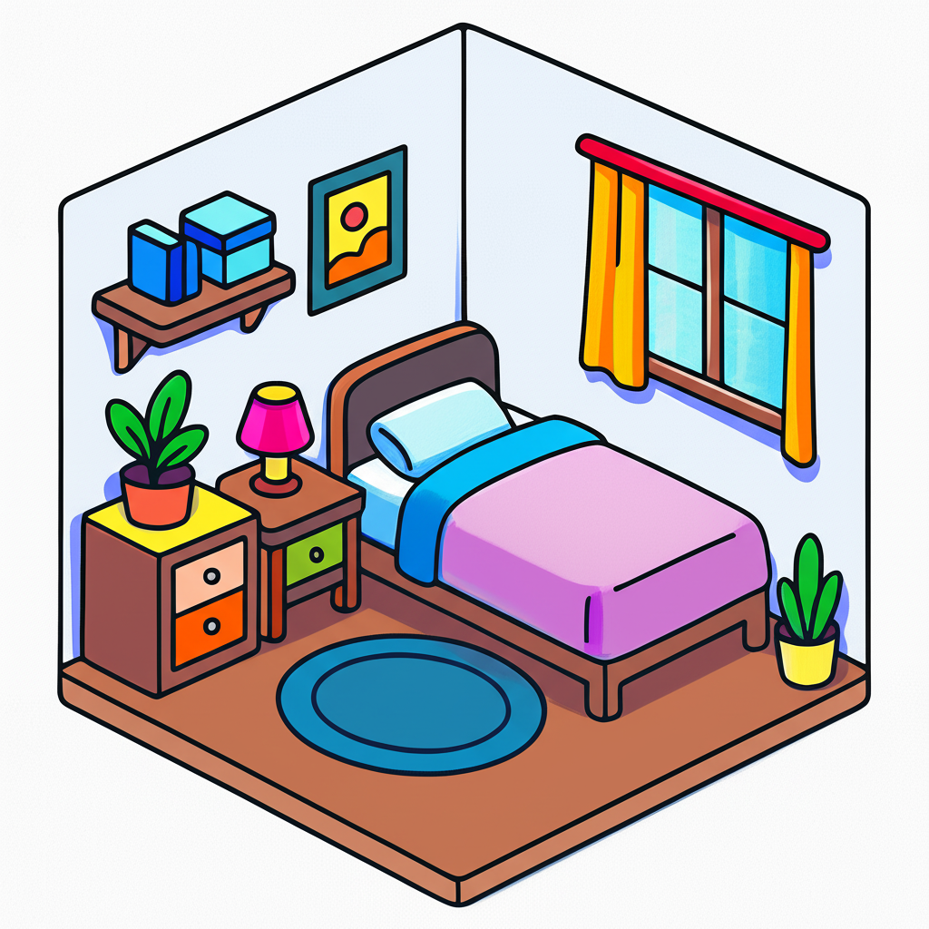 Cozy Isometric Bedroom Getaway Coloring Page - Colored Preview