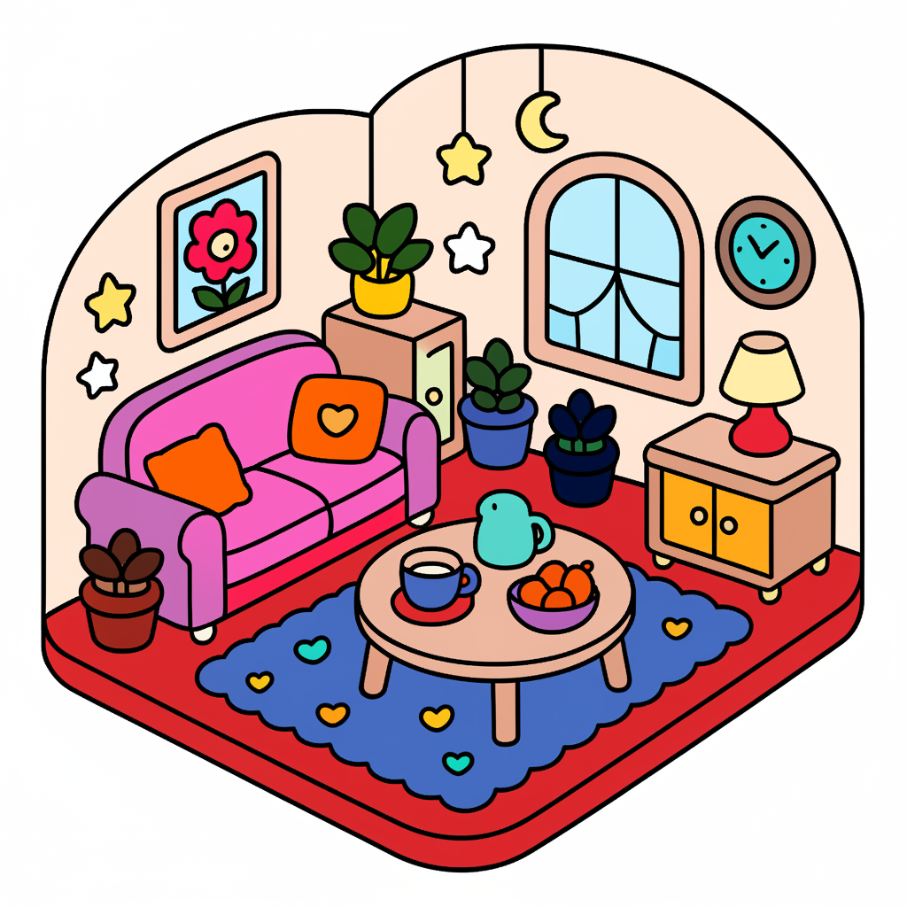 Cozy Kawaii Living Room Coloring Page - Colored Preview