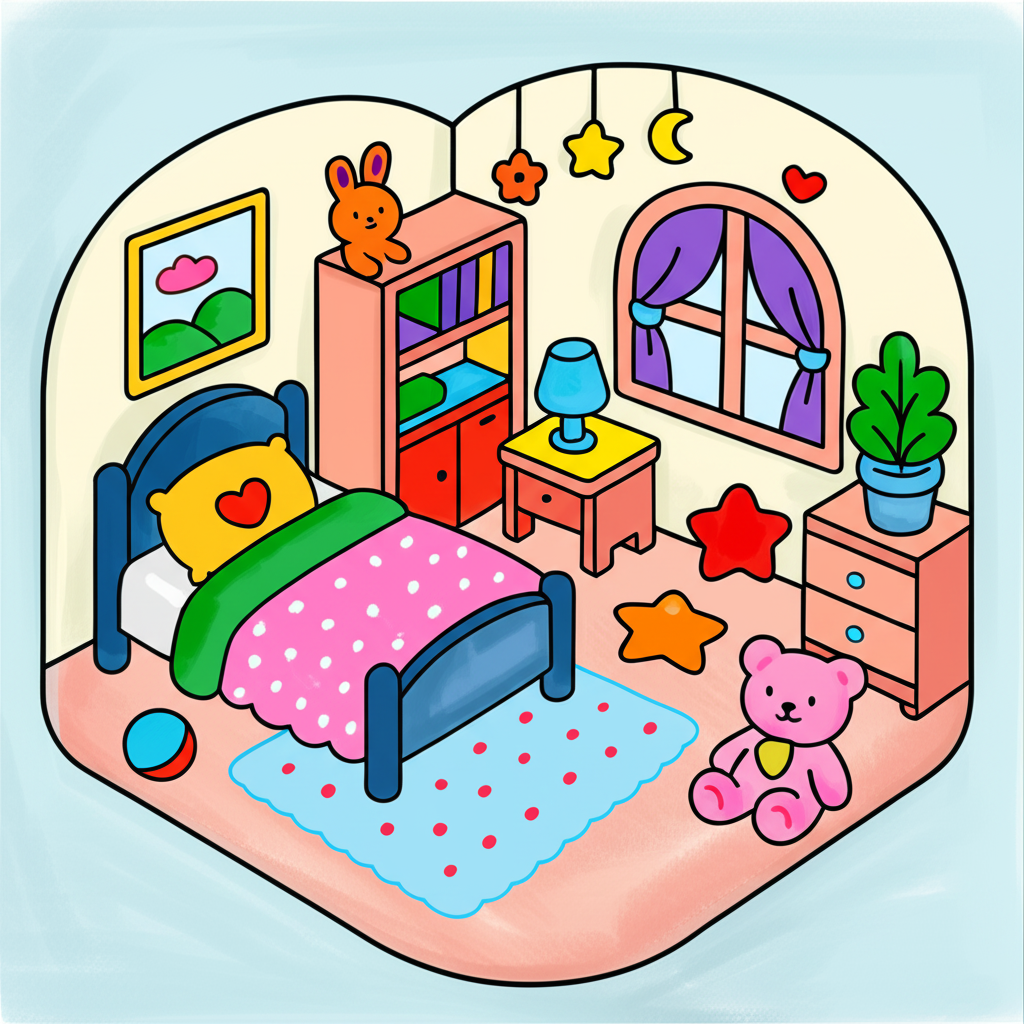 Cozy Kids Bedroom Isometric Coloring Page - Colored Preview