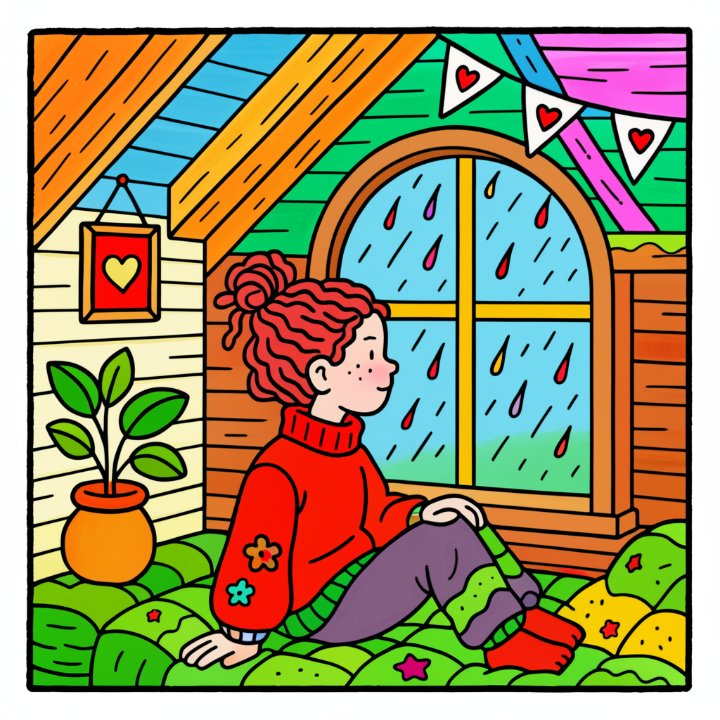 Cozy Rainy Day Window Scene Coloring Page - Colored Preview