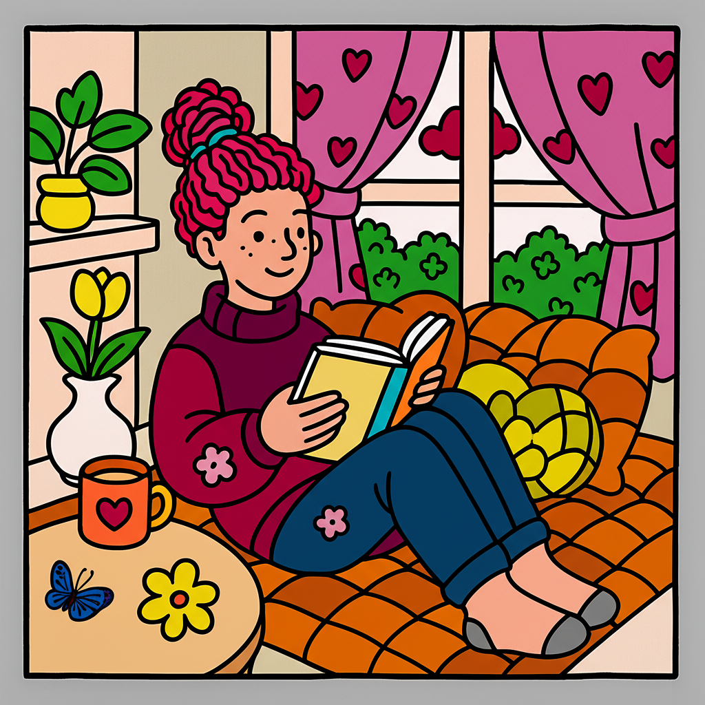 Cozy Reading Nook Coloring Page - Colored Preview