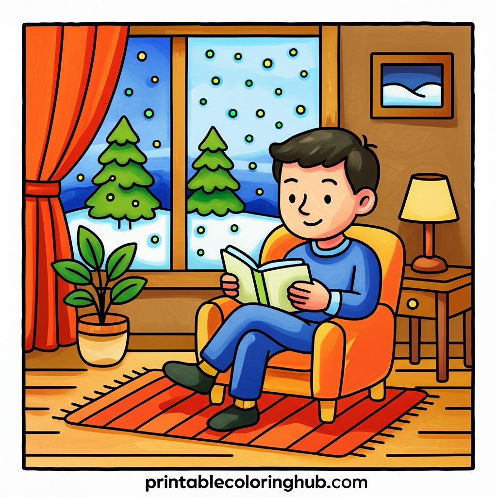 Cozy Winter Reading Nook Coloring Page - Colored Preview