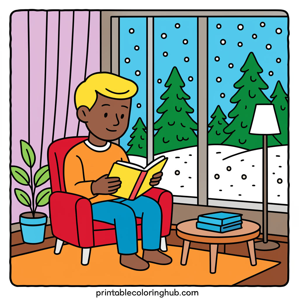 Cozy Winter Reading Scene Coloring Page - Colored Preview