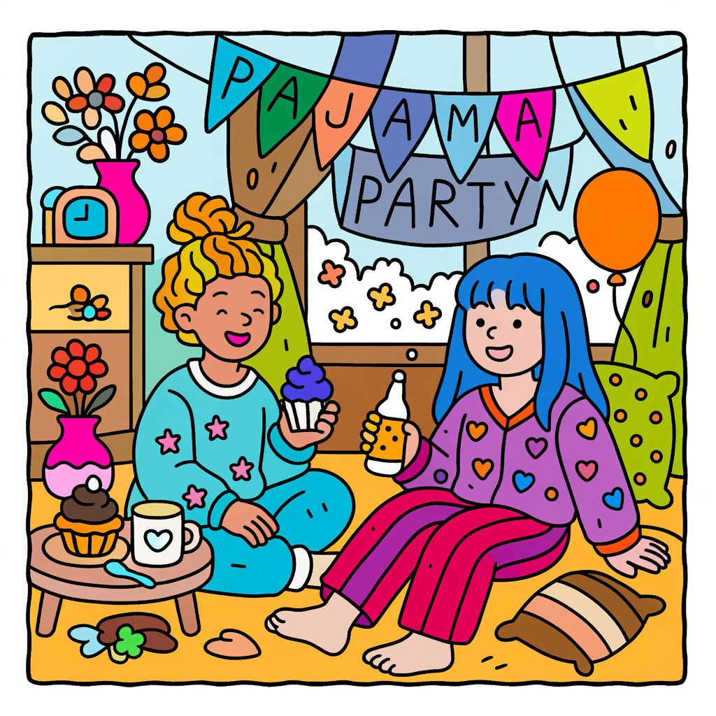Cozy Pajama Party Friends Coloring Page - Colored Preview