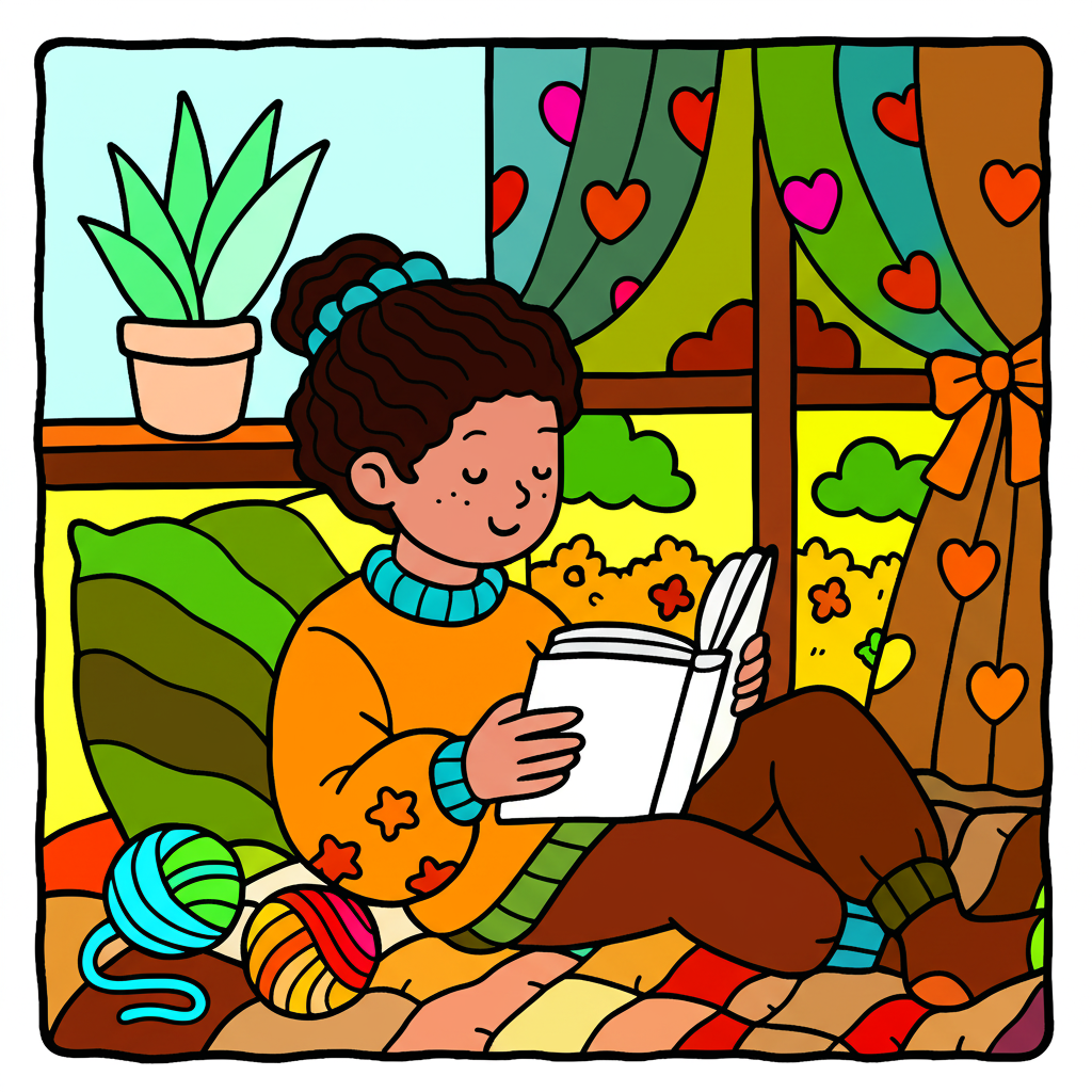 Cozy Reader by the Window Coloring Page - Colored Preview