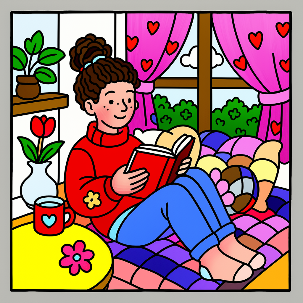 Cozy Reading Nook Bliss Coloring Page - Colored Preview