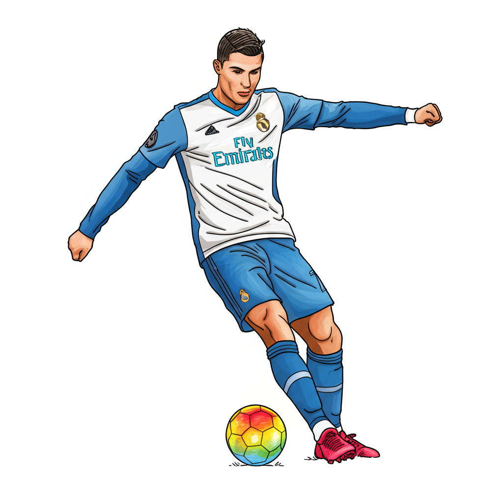 Cristiano Ronaldo Action Kick Coloring Page - Colored Preview