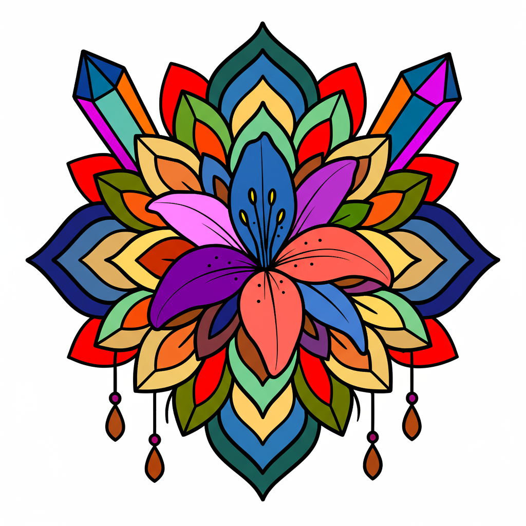Crystal Lily Mandala Coloring Page - Colored Preview