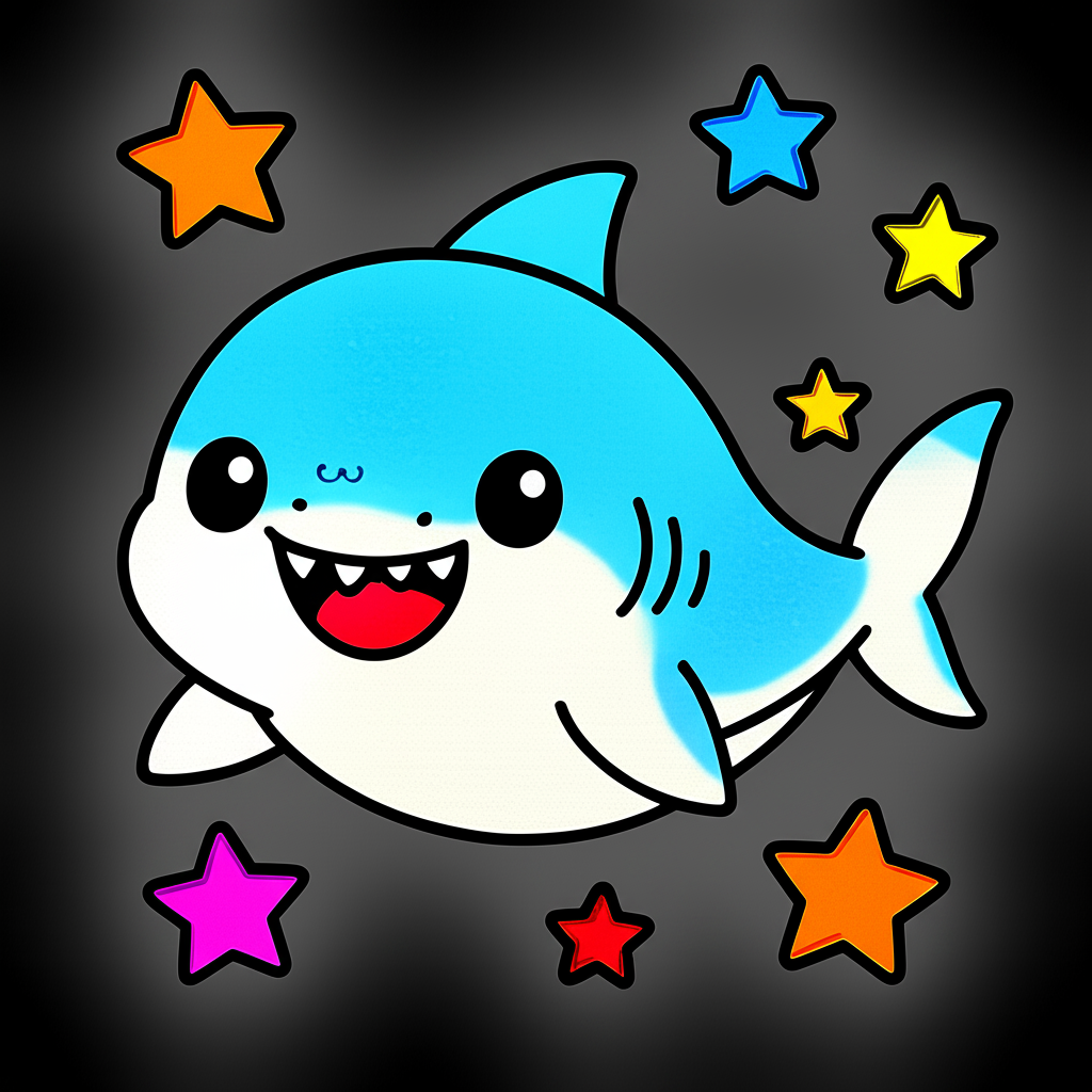 Cute Chibi Shark and Stars Coloring Page - Colored Preview