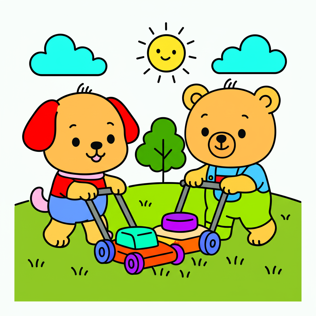 Cute Dog and Bear Mowing Lawn Coloring Page - Colored Preview