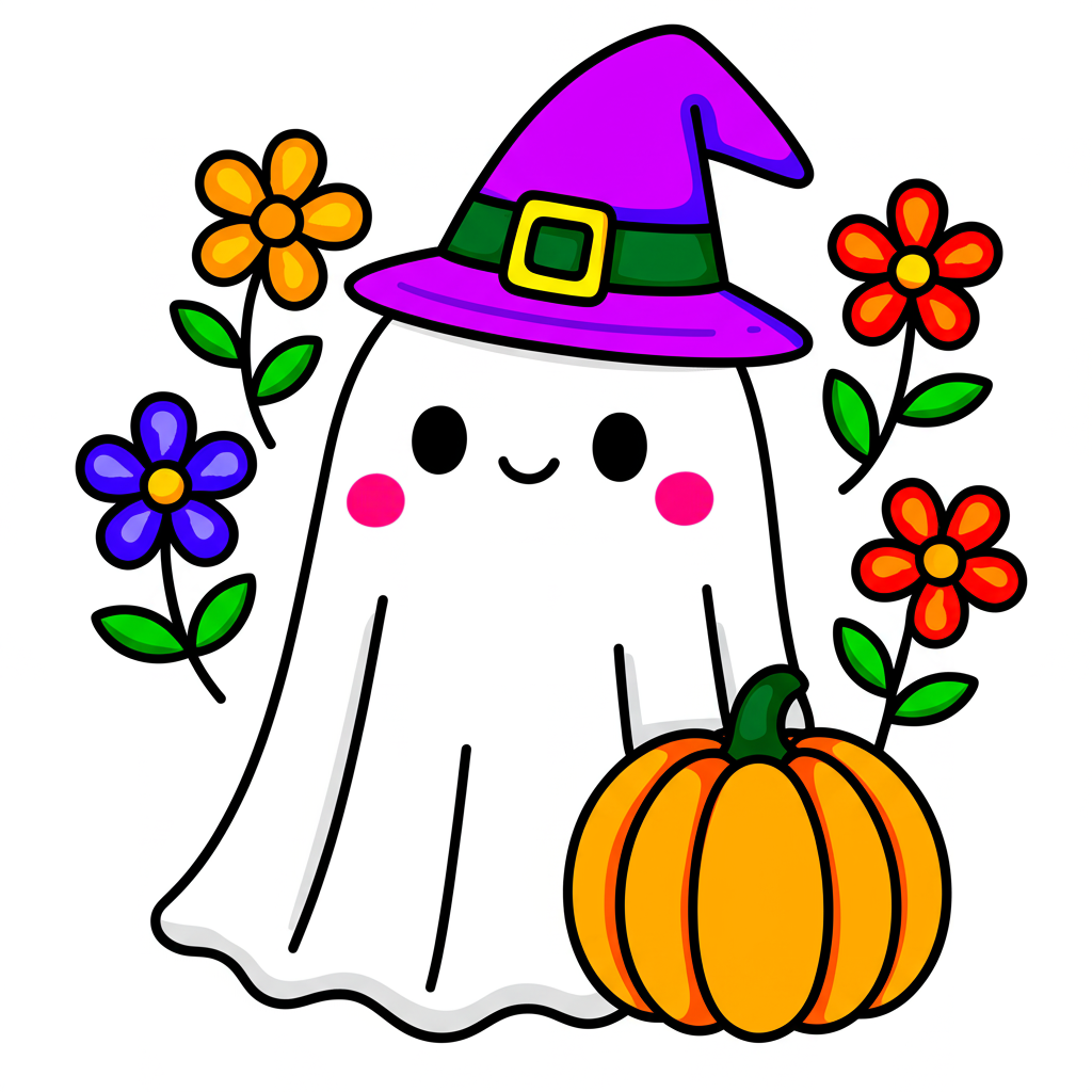 Cute Ghost Witch with Pumpkin Coloring Page - Colored Preview