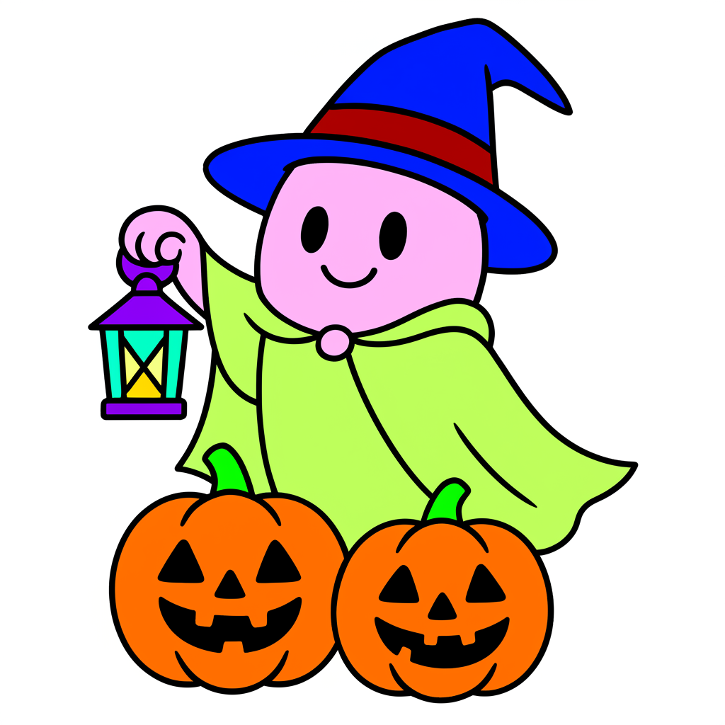 Cute Halloween Ghost & Pumpkins Coloring Page - Colored Preview