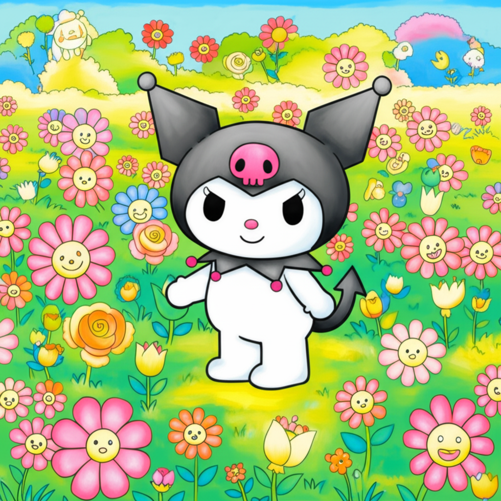 Cute Kuromi in a Flower Garden Coloring Page - Colored Preview